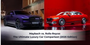 Luxury car comparison banner featuring a purple coupe and a red premium sedan