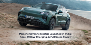 Porsche Cayenne Electric driving off-road with headline text overlay.